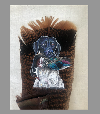 Dog with a Duck acrylic dog duck feather turkey wood duck