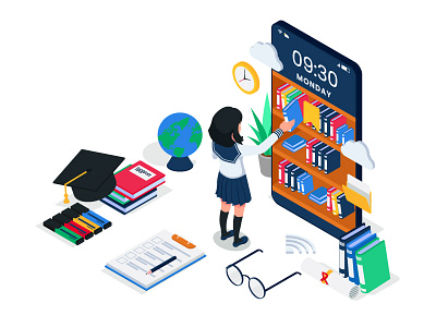 Online education illustration concept. 3d character concept creative design dribbble e learning education female graphic design illustration isometric learning online online learning student vector