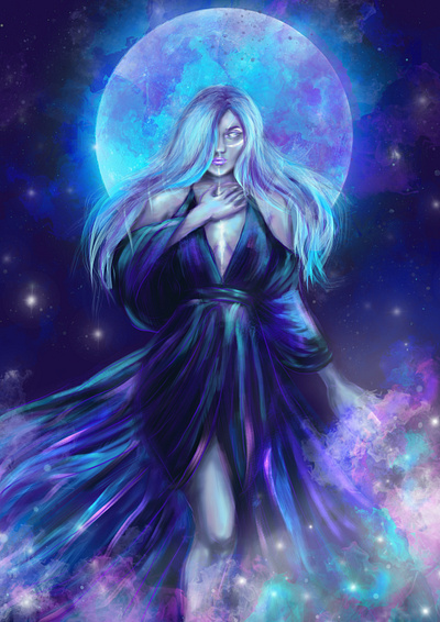 Moon goddess adobe photoshop art characterart digitalart fantasy goddess illustration moon night painting