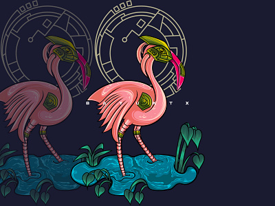 Flamingo mecha robot animal apparel design artwork bandai bird costume design cyborg dark art digital drawing fashion flamingo flamingos graphic design illustration japanese mecha merchandise mobile suite pink robot