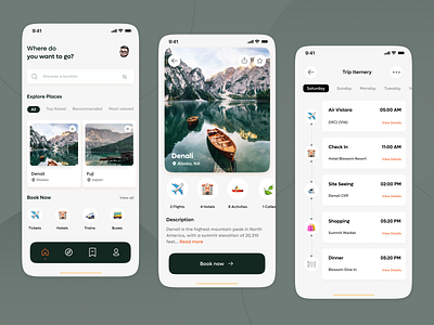 Trip Planner - Mobile App adventure booking clean ui explore flat flight app holiday minimal mobile ui mountains planner tourism travel travel mobile app trip ui design vacation