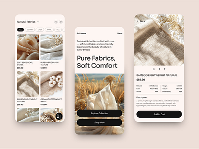 Natural Fabrics & Textiles - Mobile App appdesign comfort ecommerce fabricstore figma minimalistdesign mobiledesign natural fabrics pure fabrics ui ux web design