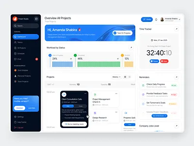 Task Management Dashboard app chart clean design fireart progress split task timeline timer ui ux work