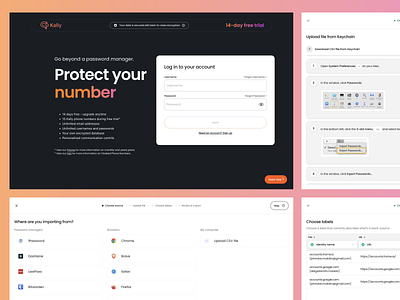 Kally - Password Manager Web UI Concept cybersecurity dark themed data protection data security data sources database password manager password protection passwords saas security software user authentication user experience user interface usernames ux design uxui web design web security