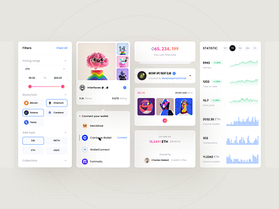 exoMarket | Components 3d app app design app ui blockchain card chart clean ui component ui components design system filters modal nft nfts ui ux wallet web website