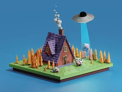 Aliens abduct a cow. 3D low poly. Casual graphics for the game 3 graphic 3d 3d art alien blender cartoon casual casual game cow farm game art illustration low poly ufo ui ux