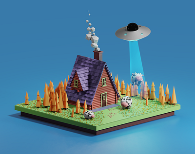 Aliens abduct a cow. 3D low poly. Casual graphics for the game 3 graphic 3d 3d art alien blender cartoon casual casual game cow farm game art illustration low poly ufo ui ux