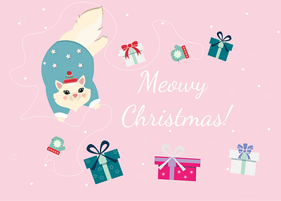 Meowy Christmas! ai cat celebrate design gift graphic design illustration pets postcard snow winter