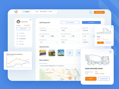 Construction Equipment Rental CRM bright building construction equipment corporate crm dashboard design icons orange personal cabinet product desin ux ux ui white