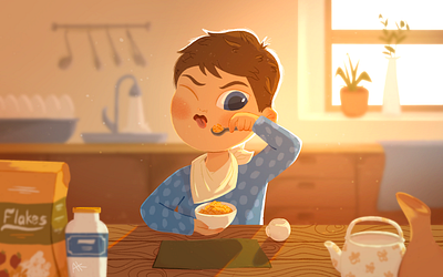 A boy eating porridge blueshirt boy capricious child childhood comercial disgust eat eating emotion food illustration kitchen orange porridge shirt sun sunset window young