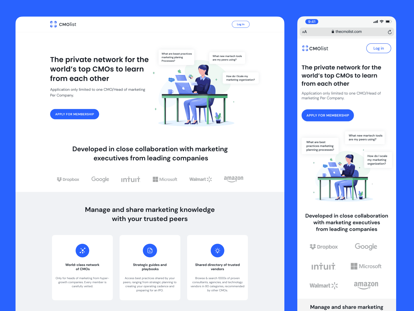 CMOlist. Privet Network website for CMOs branding cmo cmolist graphic design illustration imran landing page logo mobile version social network ui uiux ux web design