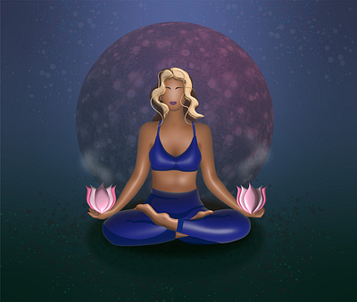 Girl and lotuses 3d background design girl graphic design illustration lotus position lotuses moon night postcard yoga