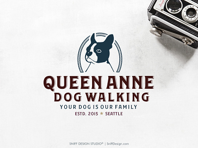 Pet Branding Design for Queen Anne Dog Walking - Part 2 boston terrier canine design dog dog brand dog logo dog walker illustration logo pet pet brand pet branding pet business pet design pet industry pet logo pets retro sniff design studio vintage