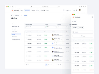 Orders and invoices dashboard — Untitled UI breadcrumbs clean ui dashboard figma filters invoices menu minimal minimalism nav nav menu navigation orders saas sidenav table tables tabs