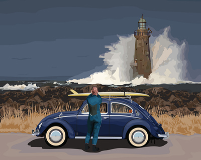 New England Surf Bug absurd adobe adobe illustrator boston boston art boston designer design drawing graphic design graphic illustration hang ten illustration juxtaposition lighthouse new england painting surfing surfs up vw bug