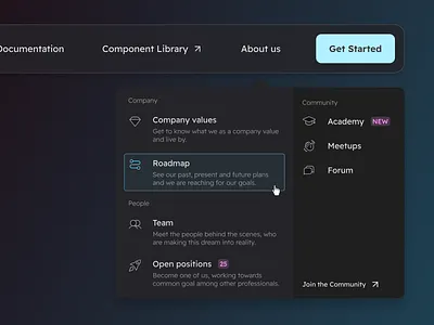 Dropdown navigation menu - Dark mode about us clean company dark dark mode description dropdown icons menu modern nav navigarion soft startup theme ui