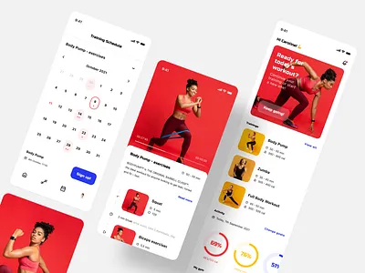 Fitness app - concept design activity app design bottom menu calendar charts concept design exercises fitness app flat design goals icons mobile app photos progress red schedule sport timeline treining workout