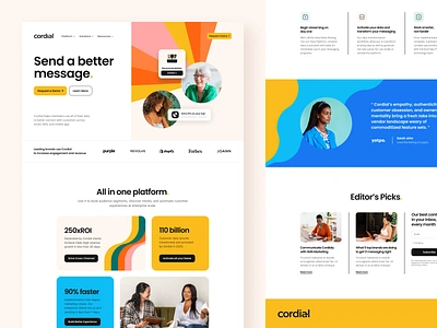 Cordial Website, UI Design art direction branding bright colors desktop graphic design illustration landing page marketing patterns saas shapes software sun ui design vector visual identity waves webdesign website