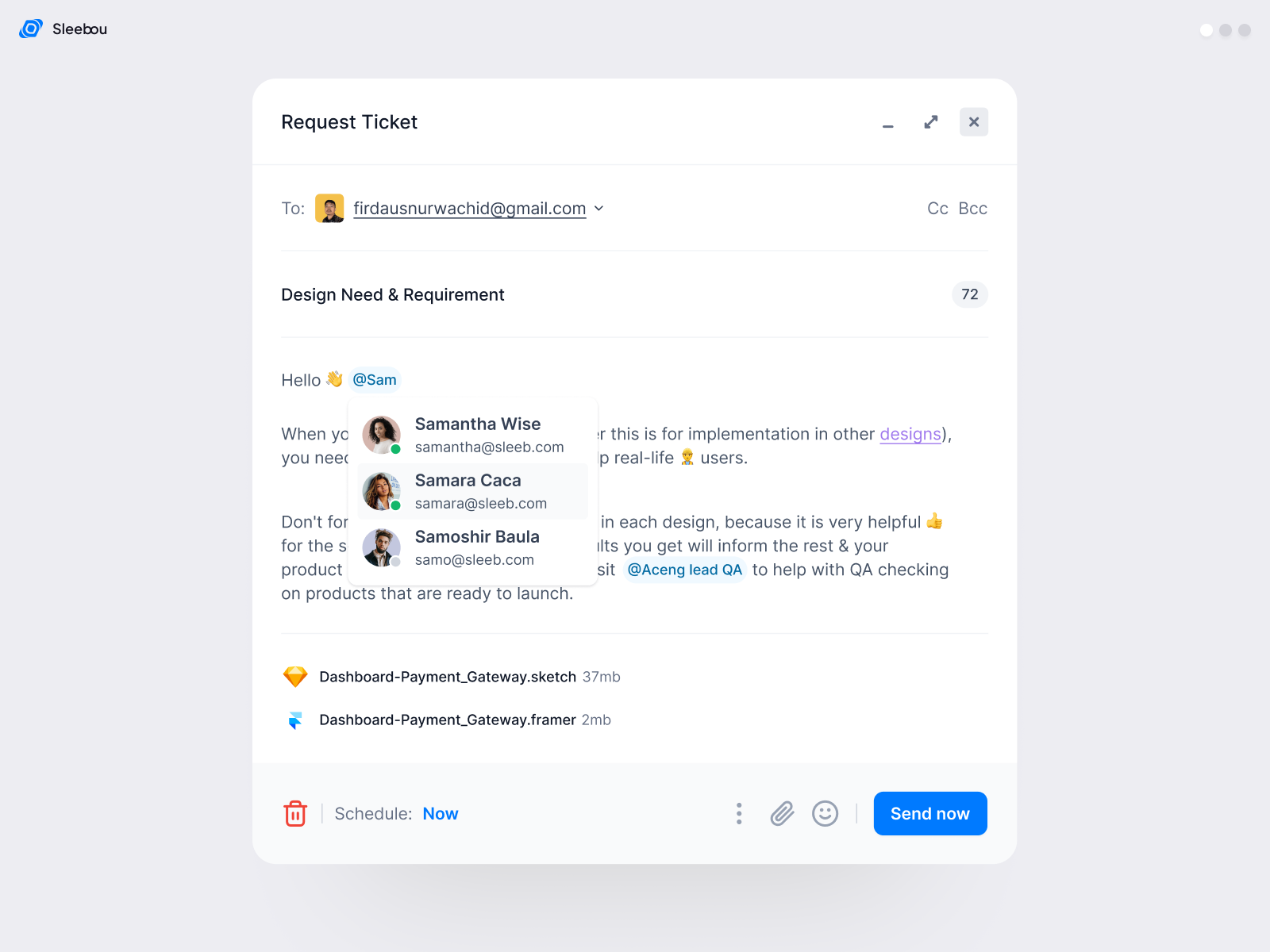 Simple Request Ticket - Exploration app attach file chat clean component design dropdown feedback flat mention message product request ticket send space task title ui white
