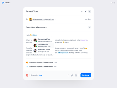 Simple Request Ticket - Exploration app attach file chat clean component design dropdown feedback flat mention message product request ticket send space task title ui white