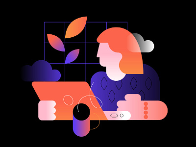 Working abstract cafe coffee digital geometry gradient human illustration it laptop remotework woman work