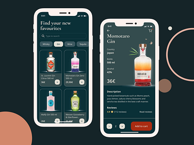 E-commerce fine spirits store animation app application bottle concept design e commerce gin liquor mobile mobile first motion online shop order spirits store ui ux wine