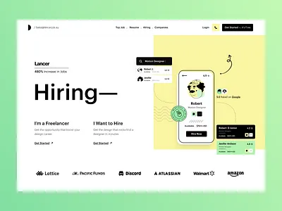 Job Website branding clean design freelancer header hero hiring job search landing page menu product design side graphic typography ui ui ux user experience ux web app website website design