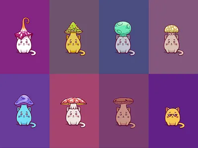 Cats - mushrooms NFT 2d cap cards cat cats character colors crypto emotion game group icon monster mushrooms nft player rainbow set smile vector