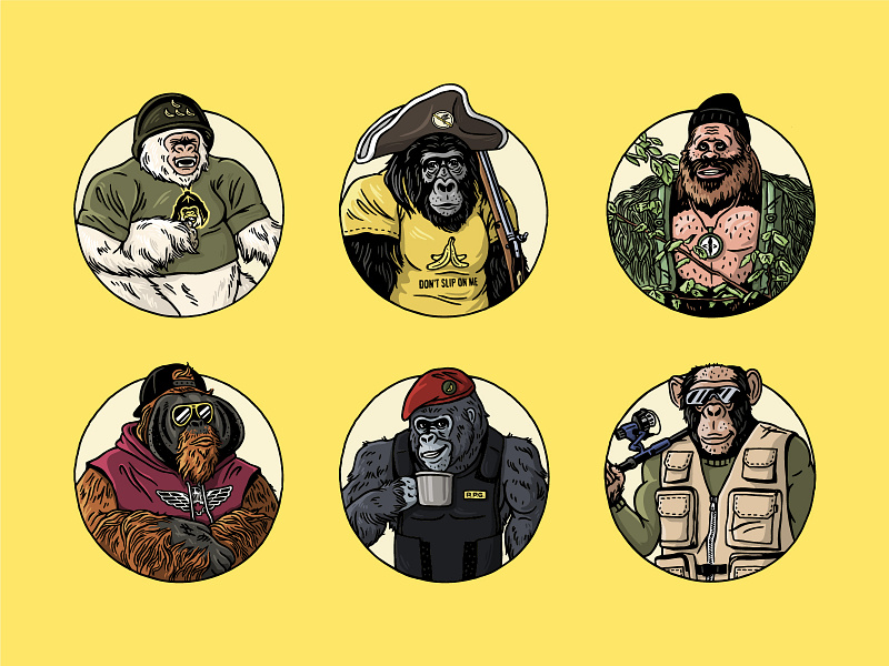 Great Apes ape illustration character design chimpanzee gorilla hand drawn military monkey orangutan outdoors veteran