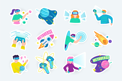 Metaverse Cute Stickers badge banner cartoon cute cyberspace design flat gadget gaming illustration joystick metaverse print printable sticker stickers vector virtual reality vr web