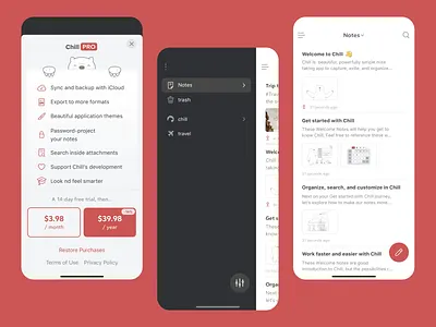 Chill | Mobile Note-Taking App app interface best app design best ui blackwhite interface data organization mobile app interface mobile ui modern app ui note archive note editor note sharing note taking app productivity red background reminder app task organizer themes ui ux uxui