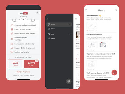 Chill | Mobile Note-Taking App app interface best app design best ui blackwhite interface data organization mobile app interface mobile ui modern app ui note archive note editor note sharing note taking app productivity red background reminder app task organizer themes ui ux uxui