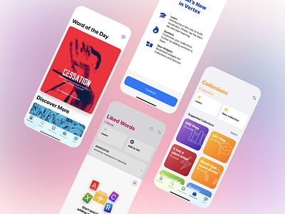 Online Vocabulary App app interface e learning edtech gre prep language app language learning app learning app mobile app design mobile ux online dictionary personalized learning quiz modules sat prep study app ui design vibrant colors vocab builder vocabulary word collections word learning