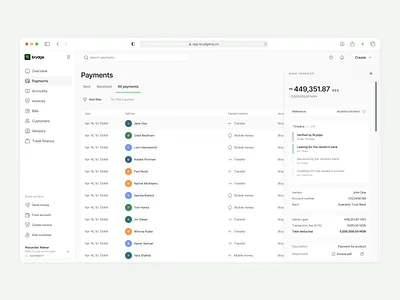 Payments - Transaction summary bank transfer dashboard filter payments popover receipt reference sidebar table tabs trade transaction ui user interface
