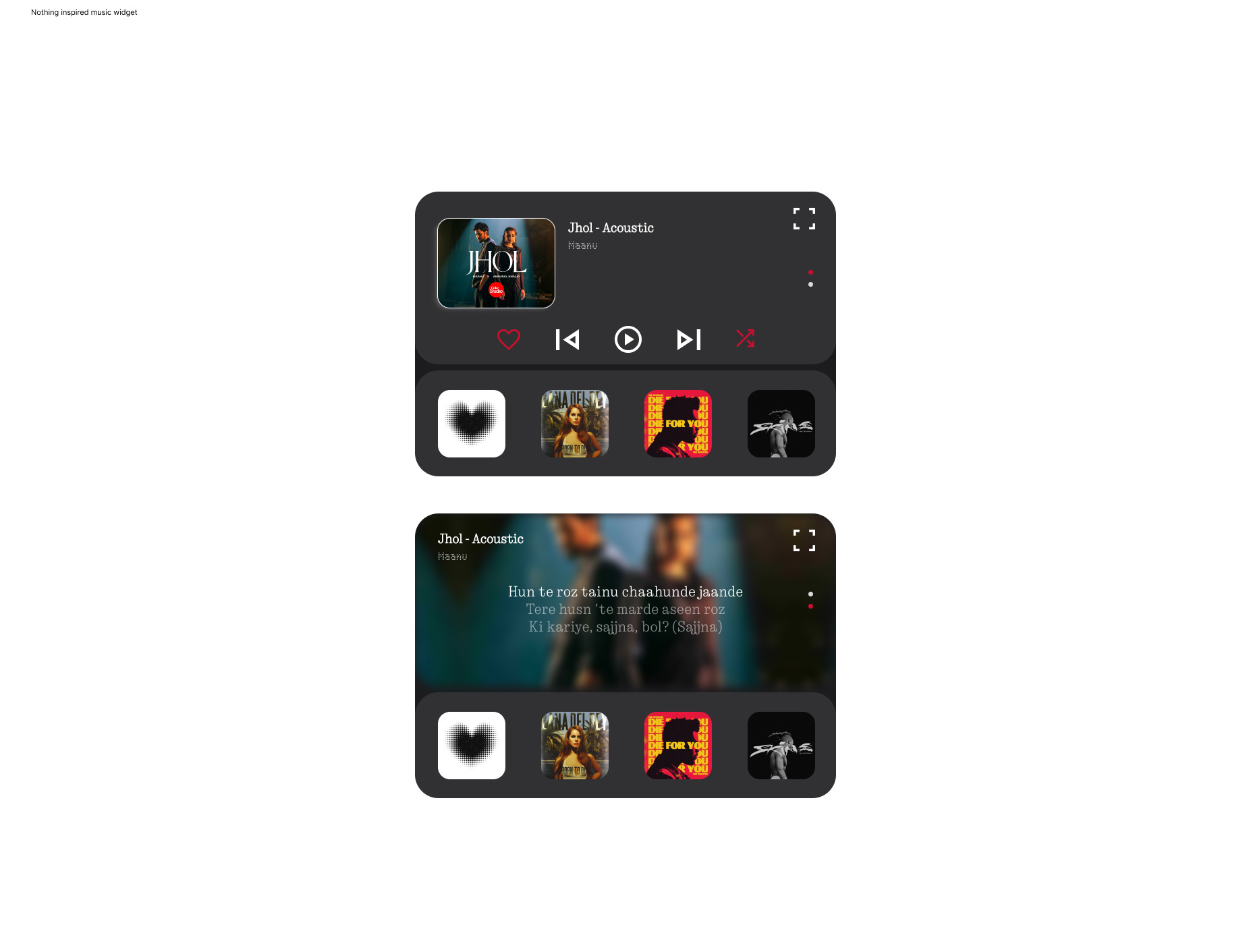 Music player widget: Nothing style branding minimalistdesign mobilewidget musicwidget nothing nothinginspired ui uidesign widget