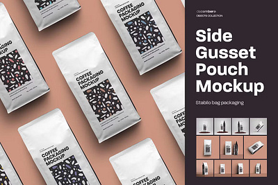 Side Gusset Pouch Coffee Mockups branding brown cafe coffee coffee shop container foil mockup pack package packaging pouch product psd realistic side gusset pouch coffee mockups tea