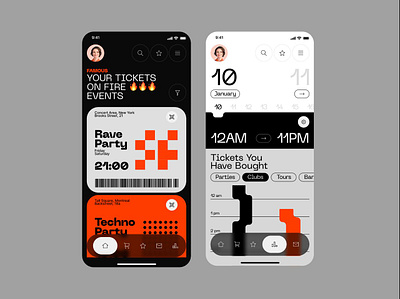 Event Ticketing Mobile App app black mode booking club night concerts evnets app fire design mobile app design mobile ticketing mobile ui mobile ux modern layout music events rave party schedule techno party themed app ticket app ticketing user interface