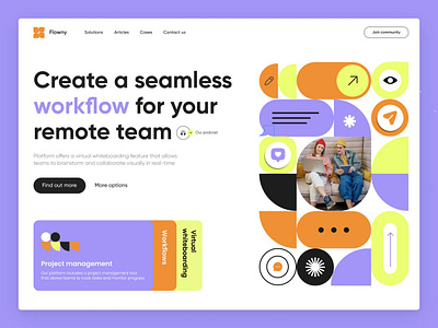 Flowmy - Team Management Website collaboration collaboration tools interactive design landing page modern design productivity purple color remote collaboration saas team communication team management user experience user interface vibrant color palette virtual whiteboard visual design web design web development workflow workflow management