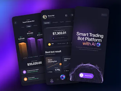 AI - Powered Trading Bot Platform ai powered app design blockchain bot btc crypto cryptocurrency market dark theme data visual eth finance fintech forex intuitive design investment mobile ui smart app stocks trading trading bot