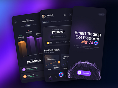 AI - Powered Trading Bot Platform ai powered app design blockchain bot btc crypto cryptocurrency market dark theme data visual eth finance fintech forex intuitive design investment mobile ui smart app stocks trading trading bot