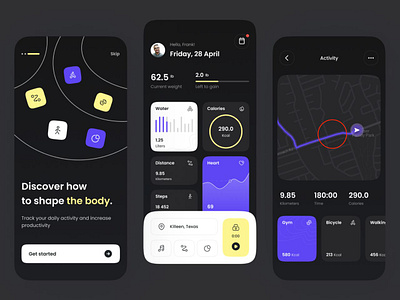 Health & Fitness Mobile apps🌡️ activity app design calorie cycling dark themed fitness fitness app gym healtcare health health tracker health tracking medical app mobile ux sports app ui user experience walking water wellbeing