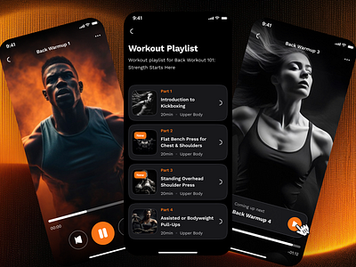 sandow v2: AI Fitness & Nutrition App | Workout Video Player UI ai fitness app ai workout app clean coaching app exercise app figma ui kit fitness mobile app fitness ui kit gradient minimal modern nutrition app orange personalized fitness smart fitness smart workout video player ui wellness app workout app workout ui