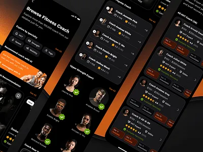 sandow v3: AI Fitness & Nutrition App | Virtual Coach Trainer UI ai fitness app ai workout app clean coach listing dark mode figma ui kit fitness mobile app gradient minimal modern nutrition app orange personalized fitness smart fitness smart workout virtual fitness app virtual fitness coach virtual fitness coach app virtual fitness trainer workout app