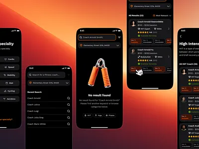sandow v3: AI Fitness & Nutrition App | Explore/Search Coach UI ai fitness app clean coaching app explore screen figma ui kit fitness mobile app minimal modern nutrition app nutrition ui kit orange personalized fitness search fitness coach search result search result screen search screen search ui smart fitness smart workout workout app