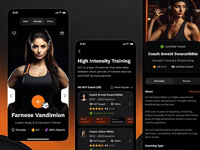 sandow v2: AI Fitness & Nutrition App | Coach/Trainer Details UI ai fitness app ai workout app clean coaching app figma ui kit fitness mobile app fitness ui kit minimal modern nutrition app nutrition ui kit orange personalized fitness smart fitness smart workout virtual fitness app virtual fitness coach virtual fitness trainer app wellness app workout app