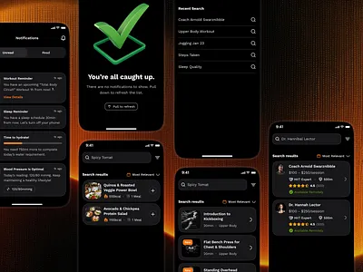 sandow v3: AI Fitness & Nutrition App | Search/Explore Screen UI ai fitness app clean coaching app dark mode explore screen explore screen ui explore ui figma ui kit fitness mobile app gradient minimal modern orange personalized fitness search screen search ui smart fitness smart workout wellness app workout app