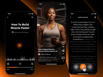 sandow v2: AI Fitness & Nutrition App | Podcast & Video Reel UI ai fitness app ai workout app audio clean coaching app fitness mobile app fitness resource ui fitness ui fitness ui kit minimal modern nutrition app orange personalized fitness podcast app podcast ui smart fitness smart workout transcript ui video reel ui