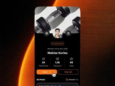 sandow v3: AI Fitness & Nutrition App | User Profile UIUX account setting ai fitness app ai workout app clean coaching app dark mode figma ui kit fitness mobile app gradient minimal modern orange personalized fitness profile screen profile setting profile ui smart fitness smart workout user profile workout app