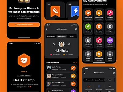 sandow v3: AI Fitness & Nutrition App | Achievement UIUX achievement illustration achievement ui clean coaching app fitness achievement fitness badge fitness mobile app fitness ui kit medal ui minimal modern nutrition app nutrition ui kit orange personalized fitness smart fitness smart workout trophy ui wellness app workout app