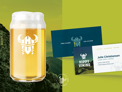 Hippy Viking Branding adventure beer blue branding business card design glass green hippy horns humor identity logo mountain navy outdoor seal stationary viking